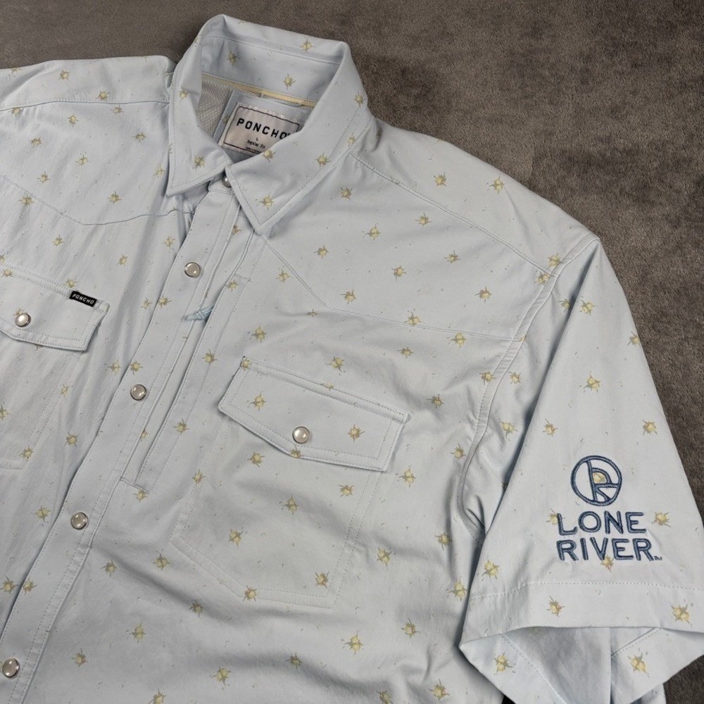 Poncho Shirt Mens Large Blue Geometric Embroidered Logo Pearl Snap Regular Fit
